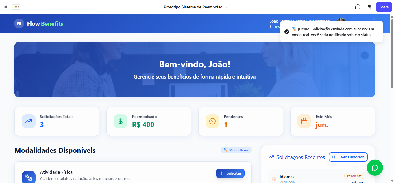 Flow Benefits v1 — dashboard do colaborador com métricas de solicitações, lista de modalidades disponíveis e notificação de solicitação enviada