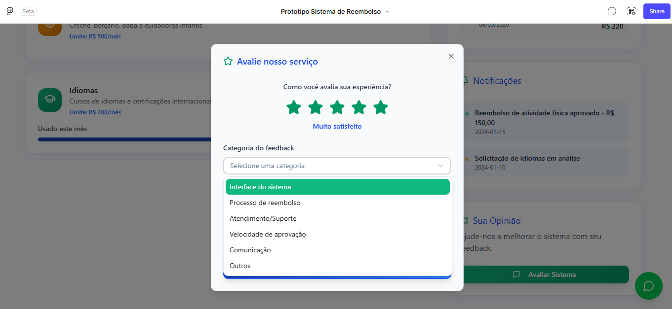 Modal avalie nosso serviço com 5 estrelas selecionadas e dropdown de categoria de feedback aberto