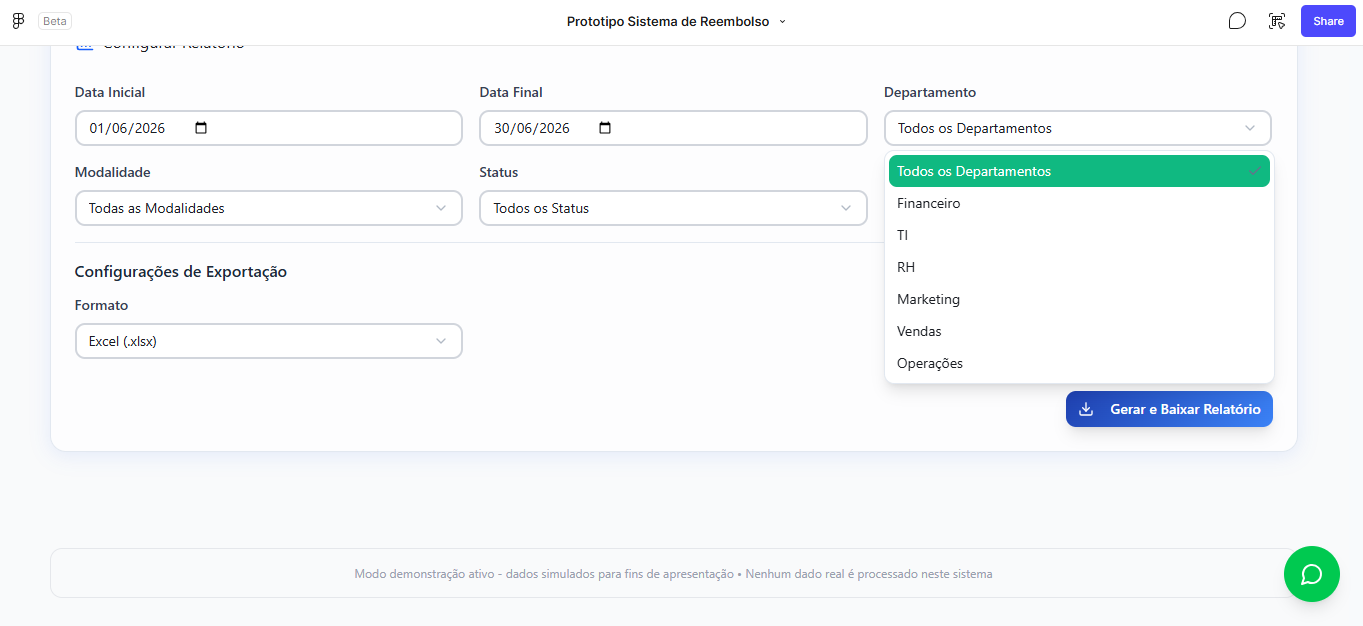 Formulário de configuração de relatório com dropdown de departamento aberto mostrando Financeiro, TI, RH, Marketing, Vendas, Operações