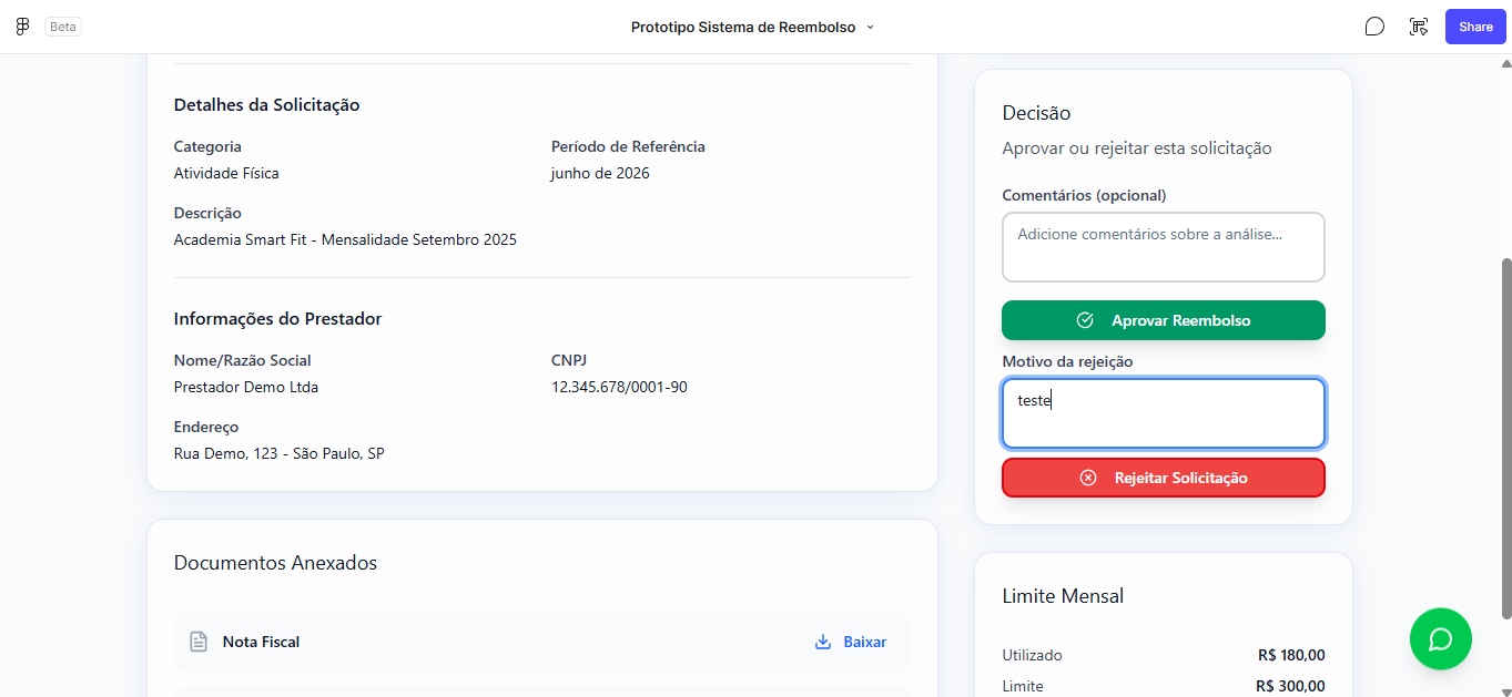 Detalhe de solicitação do RH com dados do colaborador, informações do prestador, nota fiscal e painel de decisão aprovar ou rejeitar